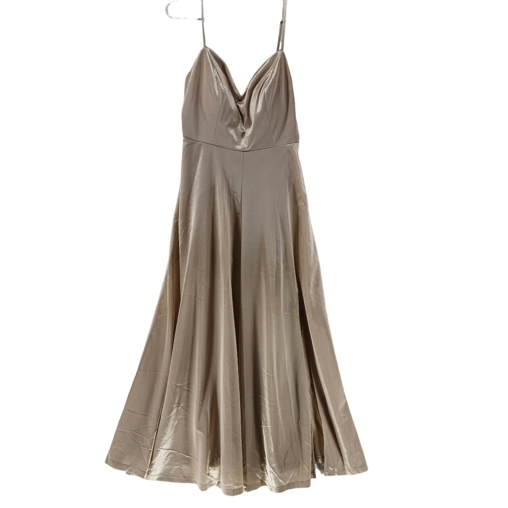 Candalite Women's Satin V-Neck Spaghetti Strap Long Swing Dress